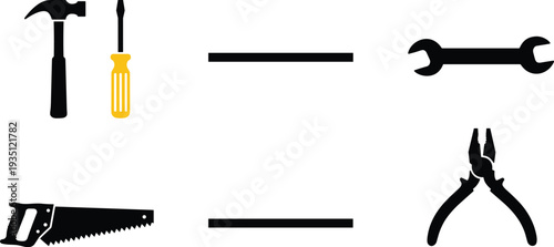 Hand tools set illustration, hammer screwdriver wrench pliers saw icons, construction repair equipment vector isolated collection