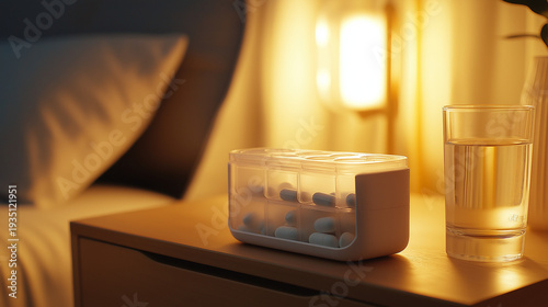 Pill organizer and water glass on bedside table at night