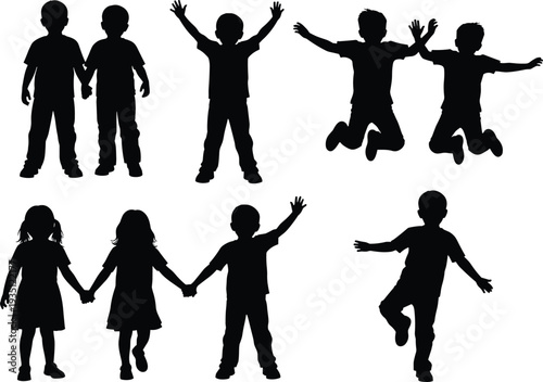 Set of happy children silhouettes featuring kids jumping, holding hands, playing together, and elementary students for back to school designs,