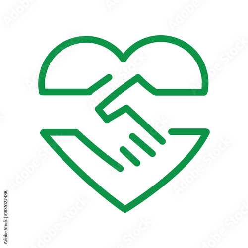 Handshake friendly agreement partnership deal, corporate trust contract thin outline icon. Minimalist line sign two hands shaking each other in heart symbol. Vector isolated pictogram for web and app.