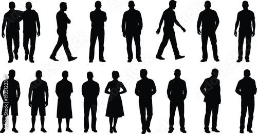 Collection of diverse people silhouettes featuring men and women in walking and standing poses, couple walking together, isolated vector figures.