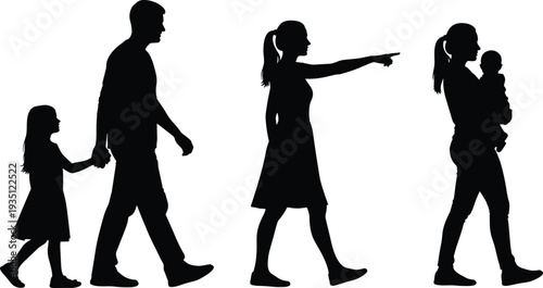 Black family silhouettes walking together including father holding daughter's hand, mother pointing ahead, and woman carrying a small infant baby.