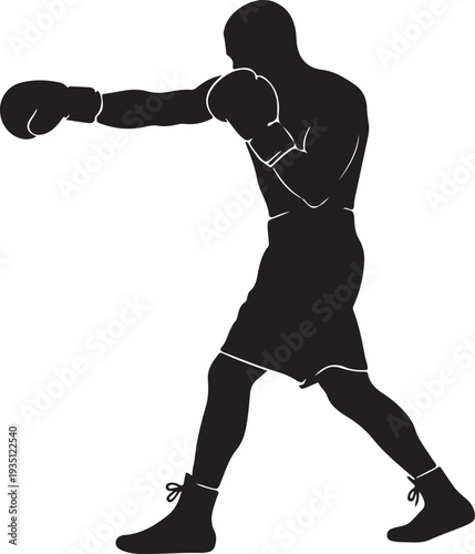 Black silhouette of a boxer punching in action pose on a white background, minimal outline.