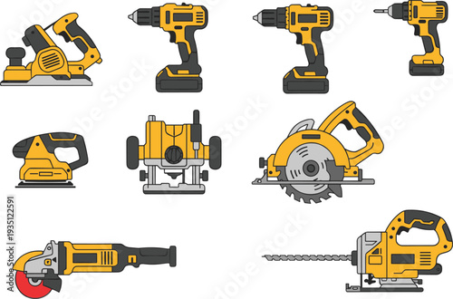 Yellow power tools set, professional construction equipment collection, drill circular saw grinder sander jigsaw vector illustration isolated