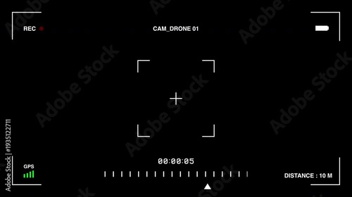 Drone camera interface hud overlay with recording indicators and gps data, perfect for cinematic flight simulations or surveillance-style video projects. 4k video