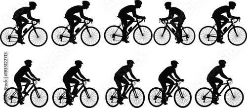 Black silhouette set of professional cyclists riding road bikes and mountain bicycles isolated on white background for sports graphic design