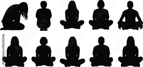 Collection of family silhouettes, parents playing with children, mother and daughter greeting, diverse people standing and sitting, childhood development, isolated.