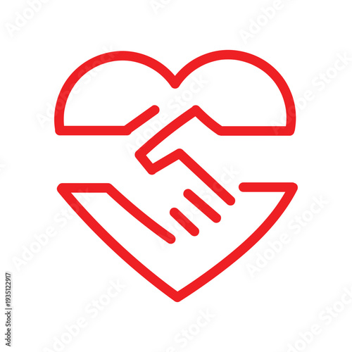 Handshake friendly agreement partnership deal, corporate trust contract thin outline icon. Minimalist line sign two hands shaking each other in heart symbol. Vector isolated pictogram for web and app.