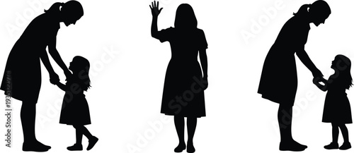 Silhouette of mother and daughter saying goodbye, teacher and student greeting, woman waving hand, parenting and childhood education concept, isolated vector.