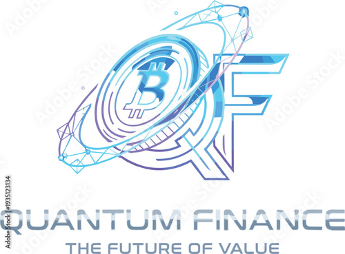 Quantum Finance Cryptocurrency Logo Featuring Futuristic Bitcoin Coin with Geometric Network and Wing Elements in Modern Gradient Vector Design for Fintech Branding