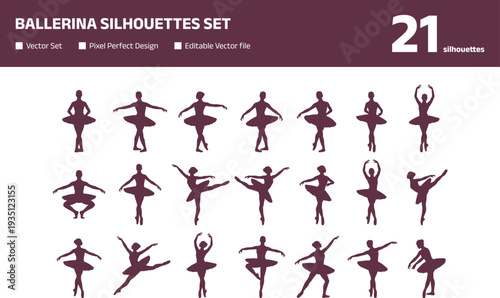 Ballerina silhouettes set with diverse ballet poses and dance movements