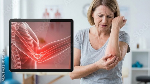 Digitale Illustration einer Frau mit sichtbarer Knochenstruktur im Arm. Poröse Knochen zeigen Osteoporose, Gelenkveränderungen Arthrose. Rötliche Bereiche symbolisieren Schmerzen und Entzündung im Arm