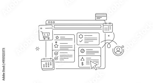 Modern web browser interface displaying various user experience elements, including an online shopping cart, calendar, user profile, and settings, with a cursor interacting, symbolizing digital.