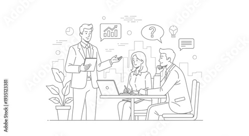 Businessman delivers a professional presentation to two attentive colleagues, a woman using a laptop and a man listening, in a modern office, discussing financial data, innovative strategies,.