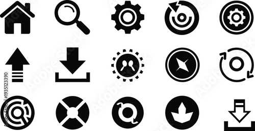 Collection of various black and white icons for user interface and navigation