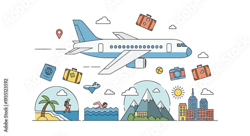 Vector travel icons set with airplane and destinations