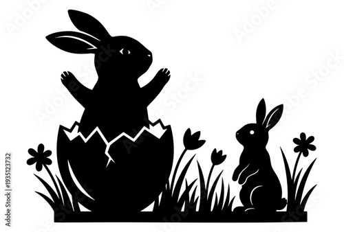 Rabbit emerging from eggshell surrounded by flowers and grass in spring scene