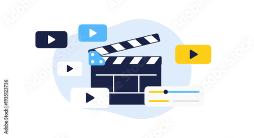 Video Production Concept with Clapperboard and Play Buttons