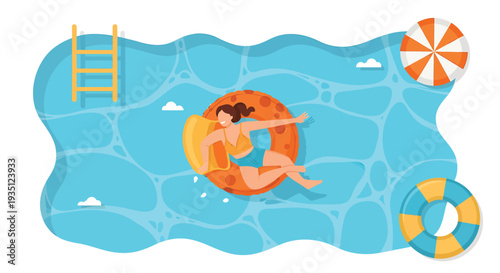 Vector illustration of woman relaxing on pool float