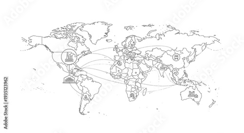 Outline of a simplified world map displays interconnected global trade routes and various industry icons indicating international business logistics and supply chains across continents.