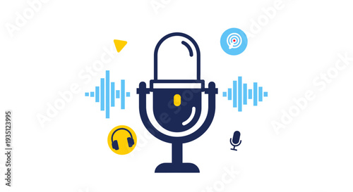 Modern Podcast Microphone with Sound Waves and Audio Icons