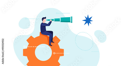 Business Visionary Man Explores Future Opportunities with Telescope on Gear