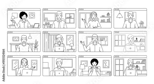 Twelve diverse participants appear simultaneously in separate video conferencing windows displaying various home office settings during a large virtual meeting or webinar session.