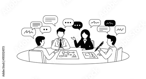 Four business people are sitting around an oval table engaged in a collaborative discussion with numerous speech bubbles indicating active communication and idea exchange.