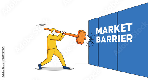 Businessman Breaking Market Barrier with Hammer