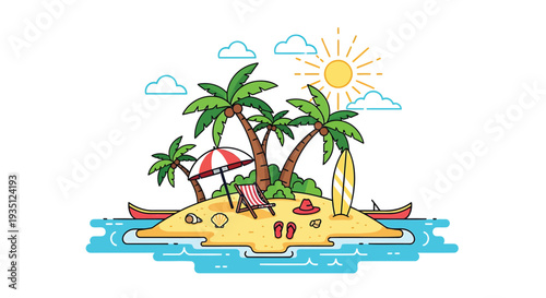 Tropical island vector illustration with palm trees and beach
