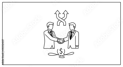 Two sharply dressed businessmen execute a firm handshake over an abstract financial symbol featuring intertwined arrows indicating negotiation and mutual agreement success.