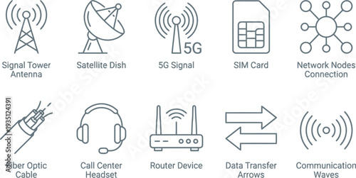 Set of telecommunication and networking line icons including 5g signal and router device
