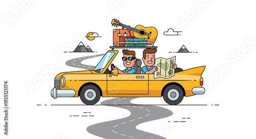 Vector illustration of couple on road trip in yellow car
