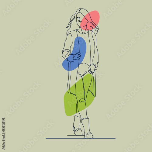 Minimalist Line Art Woman Walking, Abstract Color Blobs, Fashion Style, Trendy Outfit, Modern Design