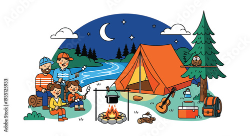 Vector illustration of a family camping at night