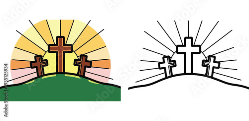 Three Crosses on a Hill with Radiant Sun - Golgotha Easter Christian Symbol Vector