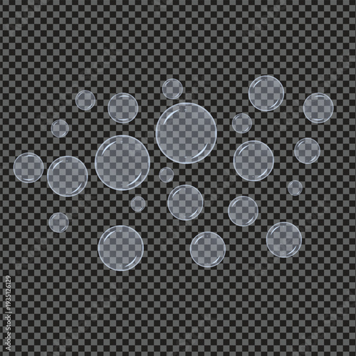 Floating soap bubbles of varying sizes on a transparent checkered background