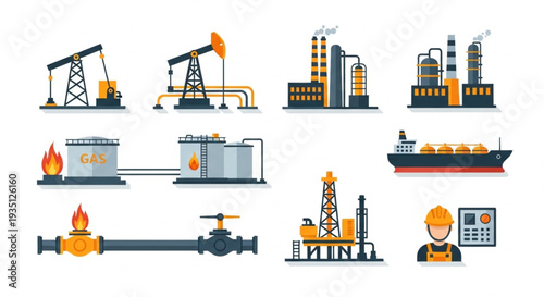 Oil Refinery Industry Equipment Icons.