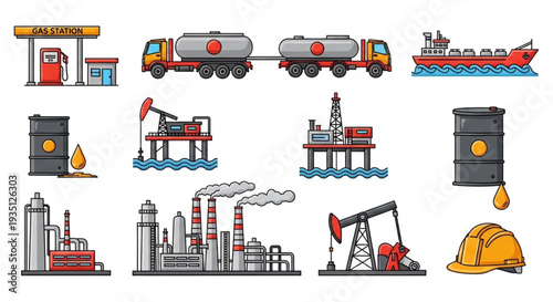 Oil Refinery Industry Equipment Icons.