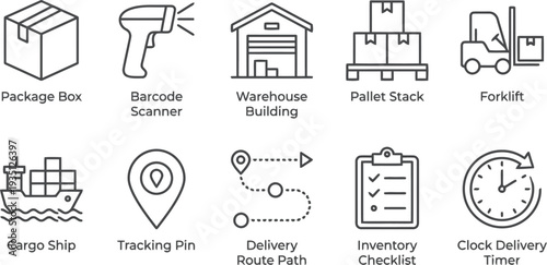 Logistics and supply chain management line icons set for shipping and warehouse services