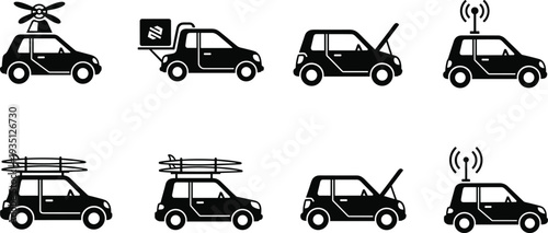 Broadcast news vehicle and service car silhouette set with satellite antenna, delivery truck and roof equipment isolated on white background for media transport design
