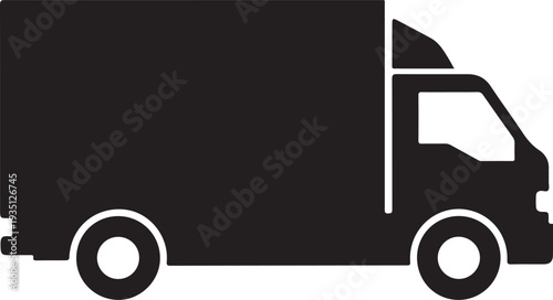 Black silhouette of a delivery truck in side view on a white background, minimal outline