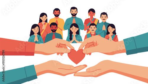 Heartfelt community illustration with diverse people and caring hands exchanging love