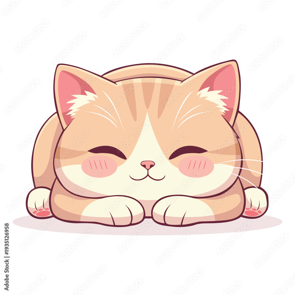 Fototapeta premium A cute, stylized ginger tabby kitten resting peacefully with closed eyes and rosy cheeks, depicted in a simple cartoon art style with soft, warm tones against a clean white background