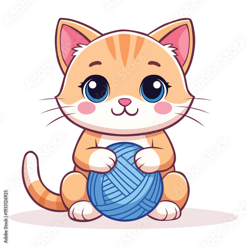 A cute cartoon ginger kitten with big blue eyes playfully holding a ball of blue yarn in a simple, bright illustration conveying a cheerful and innocent cartoon mood against a white