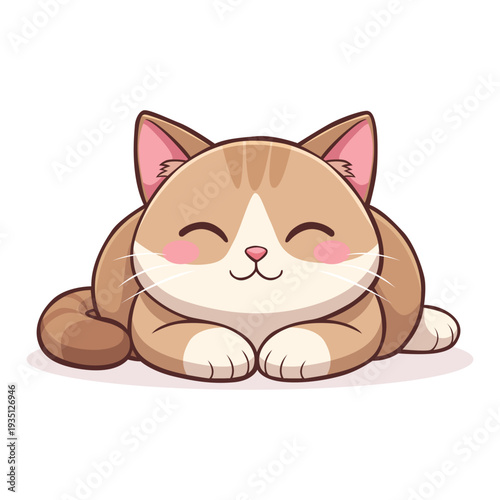 A cute, smiling tabby cat with closed eyes rests peacefully on a clean white background, conveying a feeling of warmth and contentment