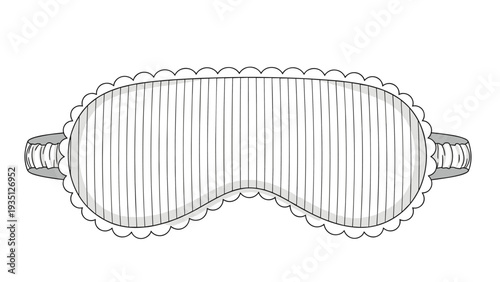 Minimalist line drawing of a sleep mask with a vertical stripe pattern and elastic head strap for resting at home.