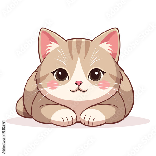 A cute, fluffy tabby kitten with large, expressive eyes and pink cheeks lies down with paws tucked, presenting a charming and adorable expression against a clean white studio background