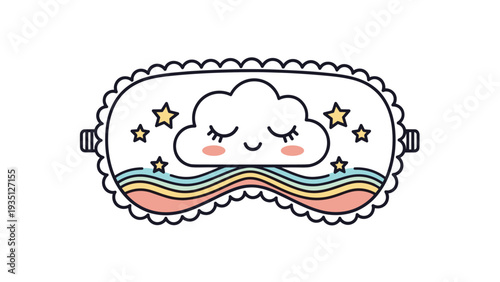 Charming sleeping mask featuring a smiling cloud and a rainbow is shown in a colorful cartoon illustration.