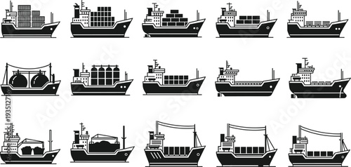 Cargo ship and container vessel silhouette set, maritime freight transport collection with tanker and bulk carrier isolated on white background for logistics design